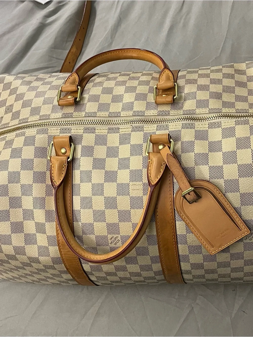 Louis Vuitton Damier Azur Canvas Duffel in Cream and Tan Leather